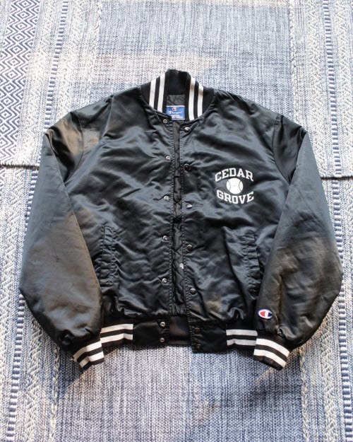 1980&#039;s Champion CEDAR GROVE. Nylon Satin Varsity Jacket (105-110size)